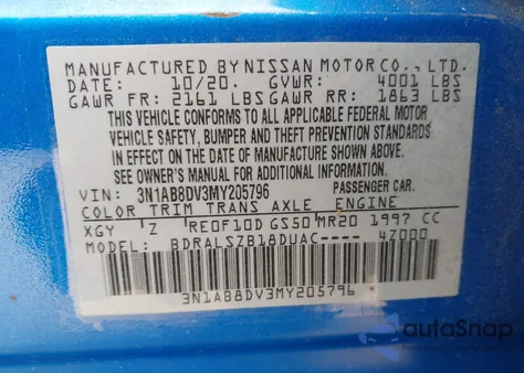 2021 Nissan Sentra Sr Xtronic Cvt из США, поврежденный, VIN 3N1AB8DV3MY205796